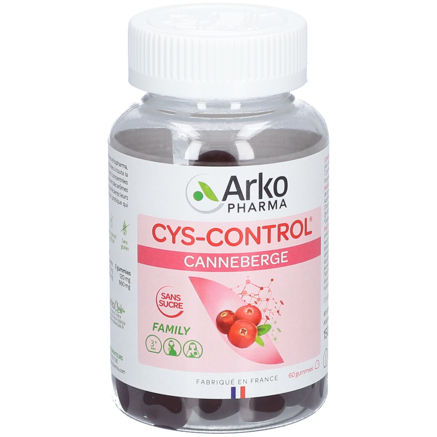 Klare Flasche mit weißen Deckel. Aufschrift Cys-Control, Cranberry-Abbildung. Marke Arkopharma. Ohne Zucker. 60 Gummies.