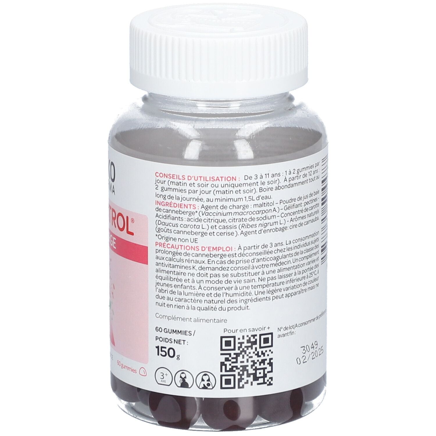 Rückseite der Flasche. Text mit Gebrauchsanweisungen und Inhaltsstoffen. Marke Arkopharma. Cys-Control. 60 Gummies. 150g. QR-Code.