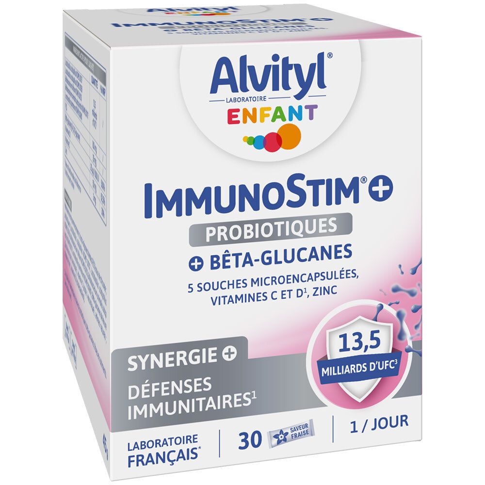 Alvityl Immuno+ Packung. Weiß-rosa Box mit Produktnamen und Logo. Enthält Beta-Glucane, Vitamine und Zink.