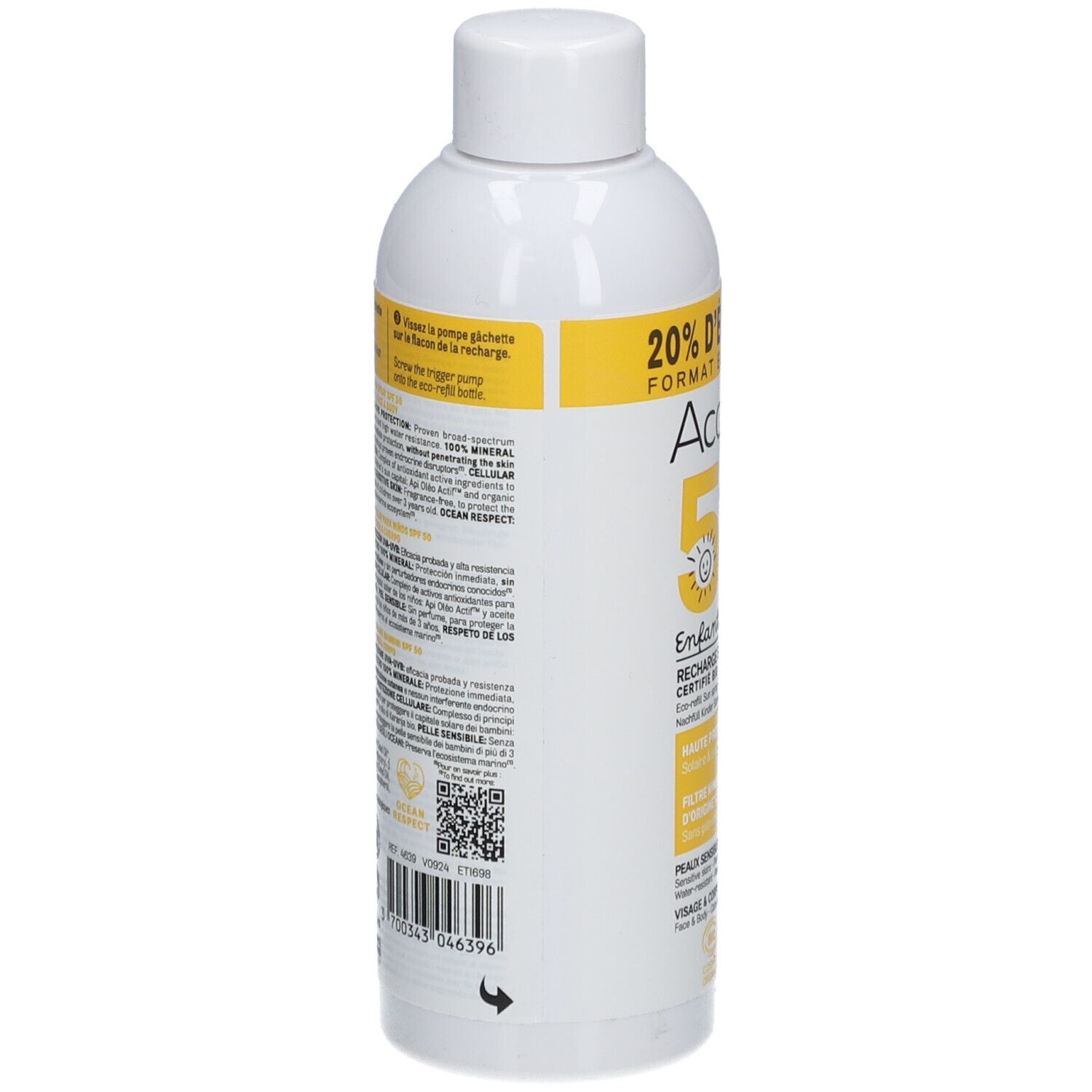 Rückseite einer weißen Sprühflasche mit gelbem Etikett. Text und QR-Code. Bio-Zertifizierung. Pfeil zeigt Richtung.