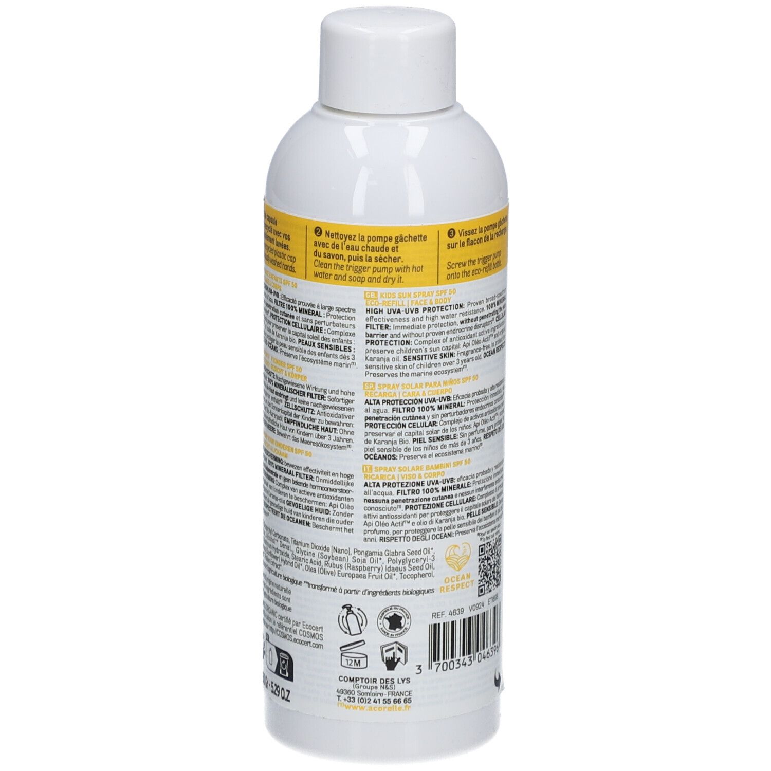 Rückseite einer weißen Sprühflasche mit gelbem Etikett. Text in mehreren Sprachen. Bio-Zertifizierung. Warnhinweise.