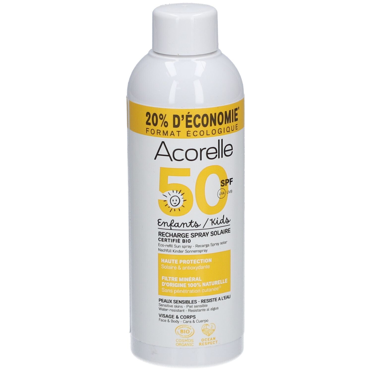 Weiße Sprühflasche mit gelbem Etikett. Text: Acorelle 50 SPF, enfants/kids, Recharge Spray Solaire. Bio-Zertifizierung.