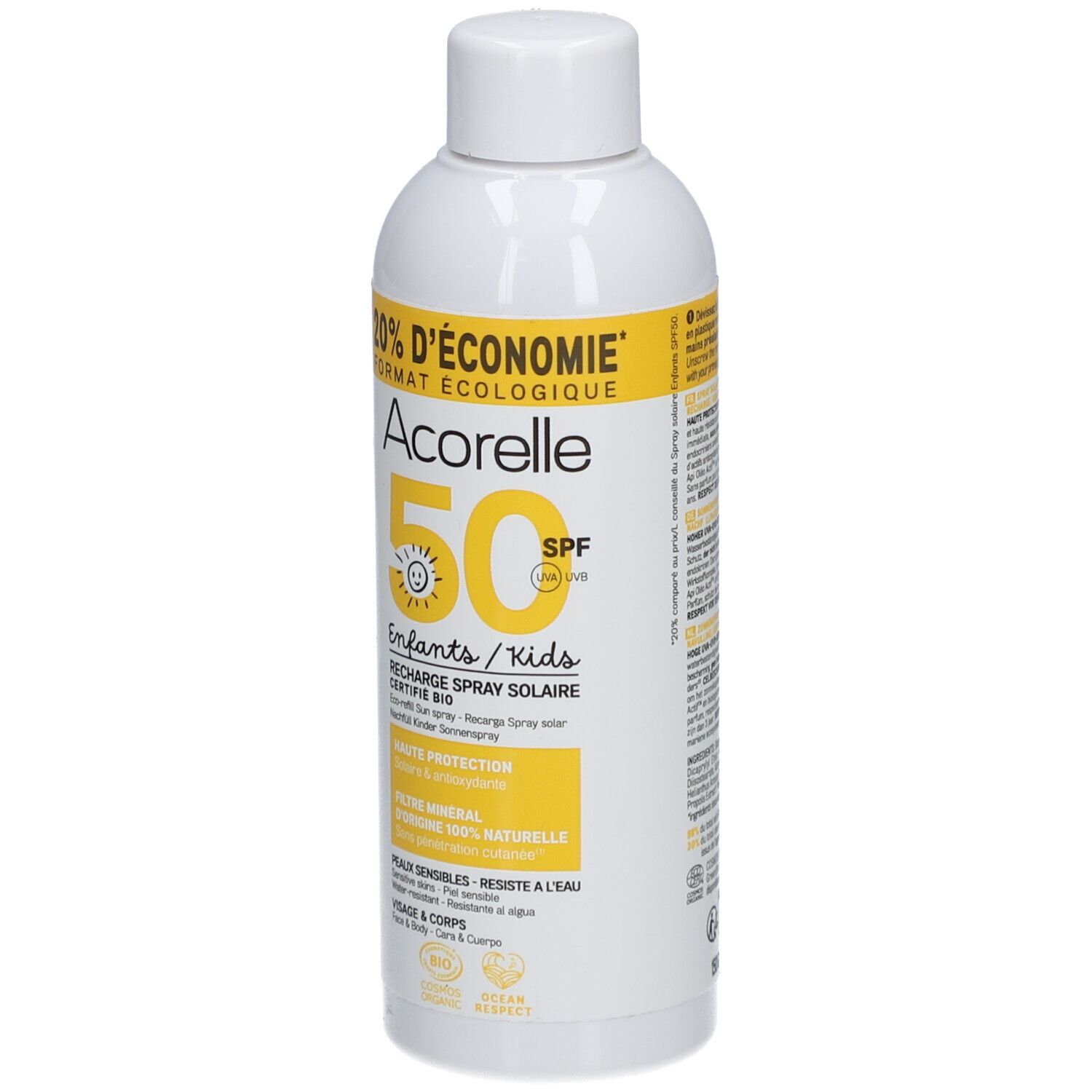 Weiße Sprühflasche mit gelbem Etikett. Text: Acorelle 50 SPF, enfants/kids, Recharge Spray Solaire. Bio-Zertifizierung.