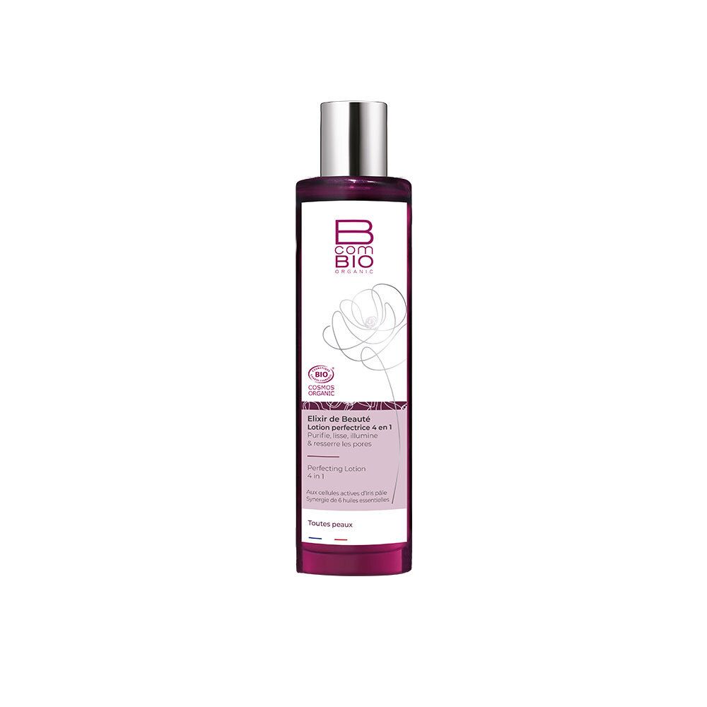 Bcom BIO Elixir de Beauté Lotion Perfectrice 4 en 1. Flasche mit silbernem Deckel und lila Etikett. Bio-Zertifizierung.