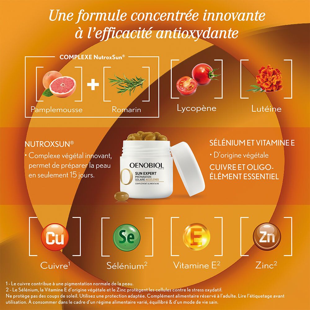 OENOBIOL SUN EXPERT Préparation Solaire Accélérée - Protection Cellulaire Anti-Oxydante - Favorise Un Hâle Intense Et Éclatant - Complément Alimentaire 15 Capsules Végétales 15 Jours