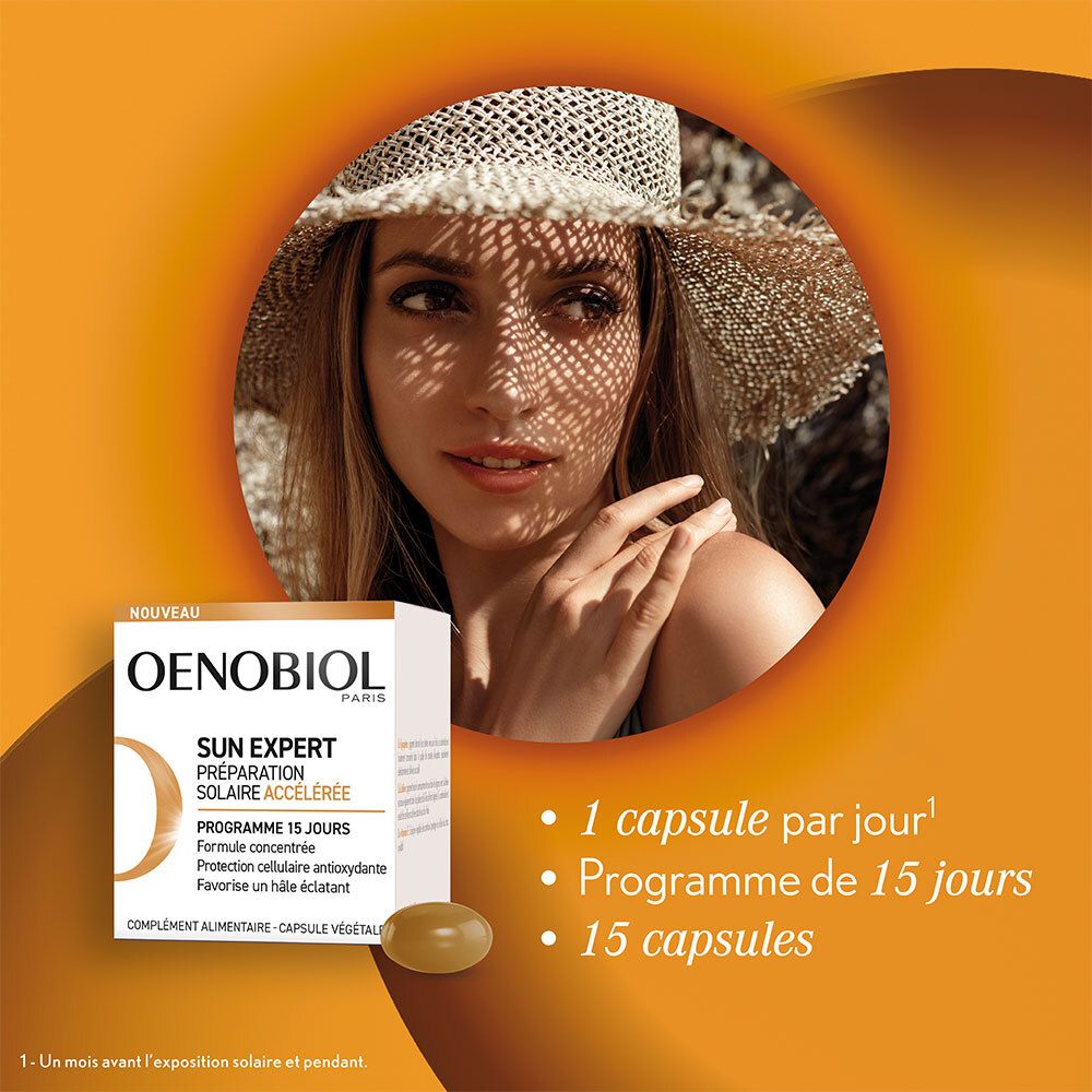 OENOBIOL SUN EXPERT Préparation Solaire Accélérée - Protection Cellulaire Anti-Oxydante - Favorise Un Hâle Intense Et Éclatant - Complément Alimentaire 15 Capsules Végétales 15 Jours