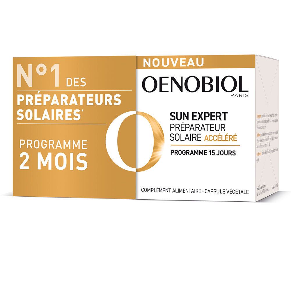 OENOBIOL SUN EXPERT Préparation Solaire Accélérée - Protection Cellulaire Anti-Oxydante - Favorise Un Hâle Intense Et Éclatant - Complément Alimentaire 2X15 Capsules Végétales - Programme 1 Mois