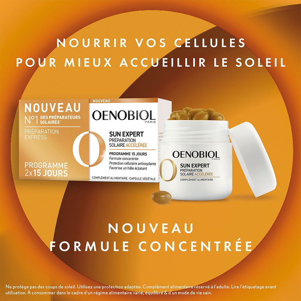 OENOBIOL SUN EXPERT Préparation Solaire Accélérée - Protection Cellulaire Anti-Oxydante - Favorise Un Hâle Intense Et Éclatant - Complément Alimentaire 2X15 Capsules Végétales - Programme 1 Mois