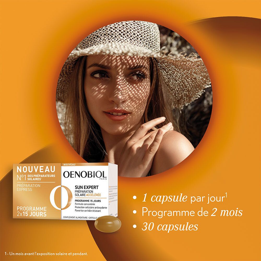 OENOBIOL SUN EXPERT Préparation Solaire Accélérée - Protection Cellulaire Anti-Oxydante - Favorise Un Hâle Intense Et Éclatant - Complément Alimentaire 2X15 Capsules Végétales - Programme 1 Mois