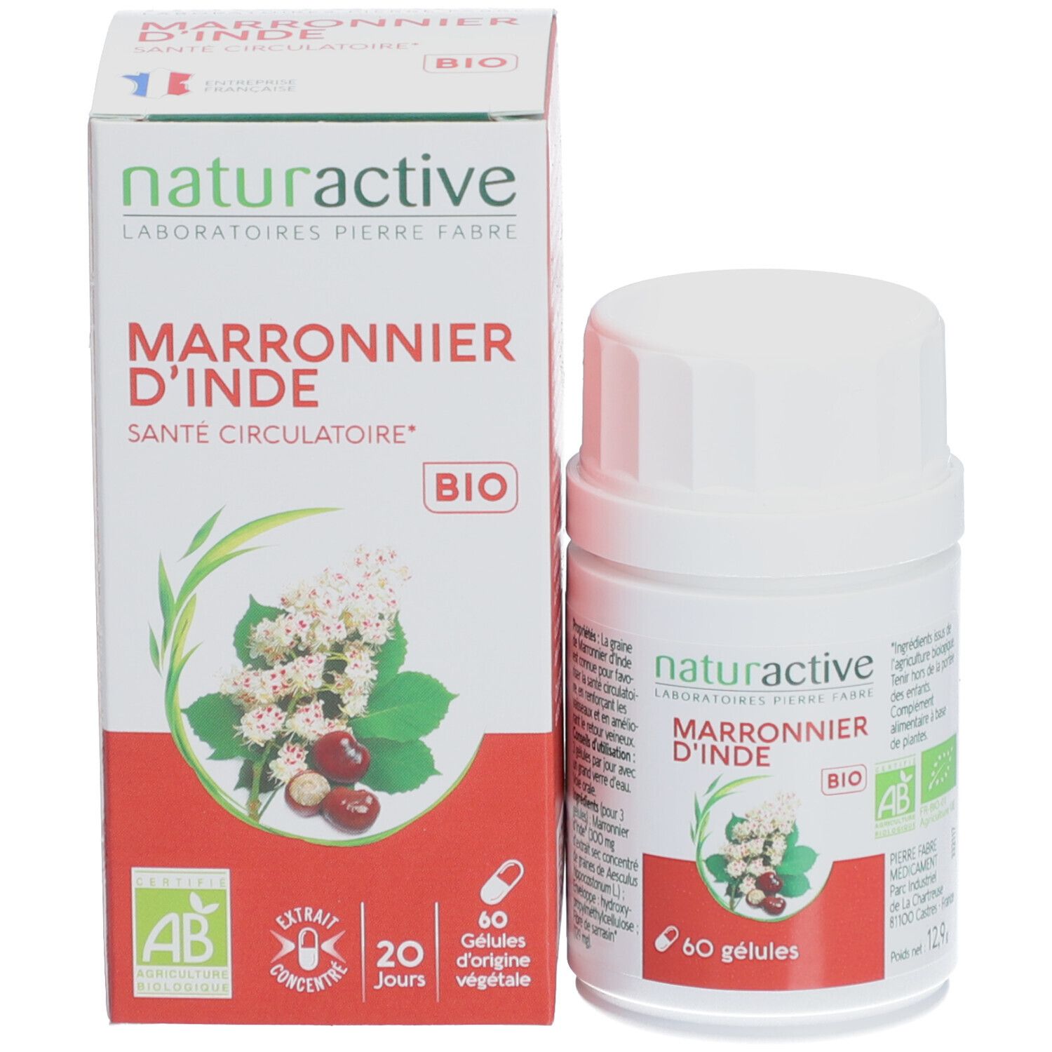 Emballage produit avec flacon. Inscription: naturactive Marronnier d'Inde, 60 gélules. Label Bio.