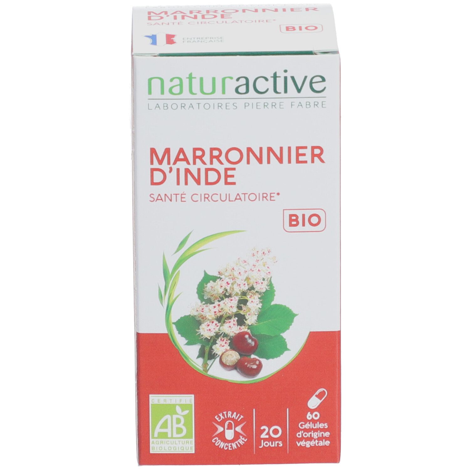 Emballage produit. Inscription: naturactive Marronnier d'Inde, 60 gélules. Label Bio.