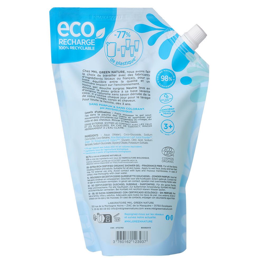 Dos de la recharge. Texte: Ingrédients, 98% d'ingrédients naturels, certifications. Logo: eco recharge, 100% recyclable.