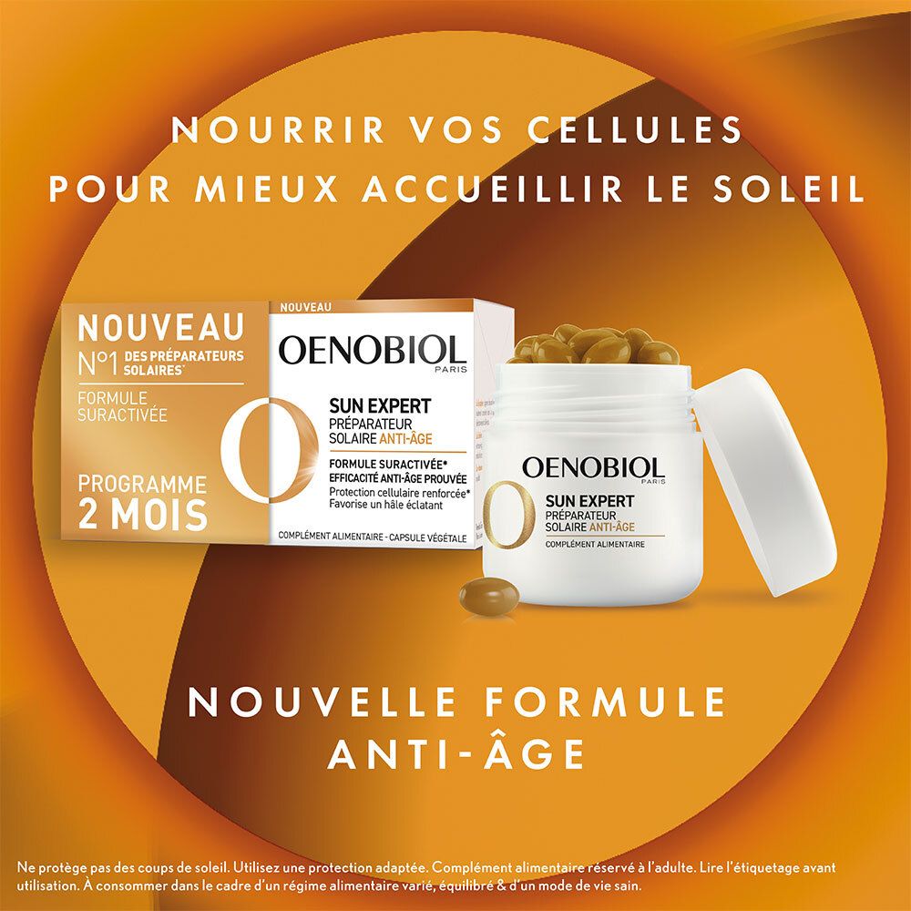 OENOBIOL SUN EXPERT Préparateur Solaire Anti-Âge - Efficacité Anti-Âge prouvée - Protection cellulaire renforcée - Favorise un hâle intense, éclatant - Complément Alimentaire 2x30 capsules - 2 mois