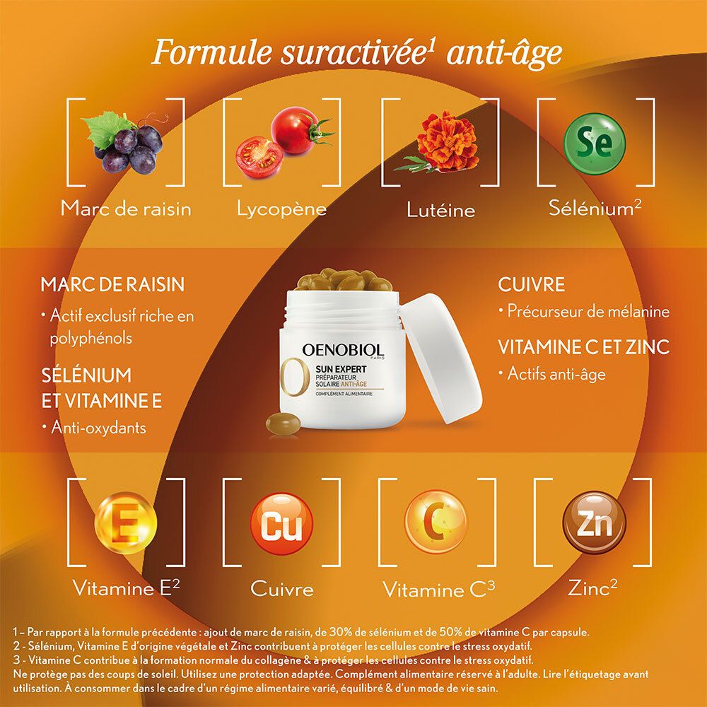 OENOBIOL SUN EXPERT Préparateur Solaire Anti-Âge - Efficacité Anti-Âge prouvée - Protection cellulaire renforcée - Favorise un hâle intense, éclatant - Complément Alimentaire 2x30 capsules - 2 mois