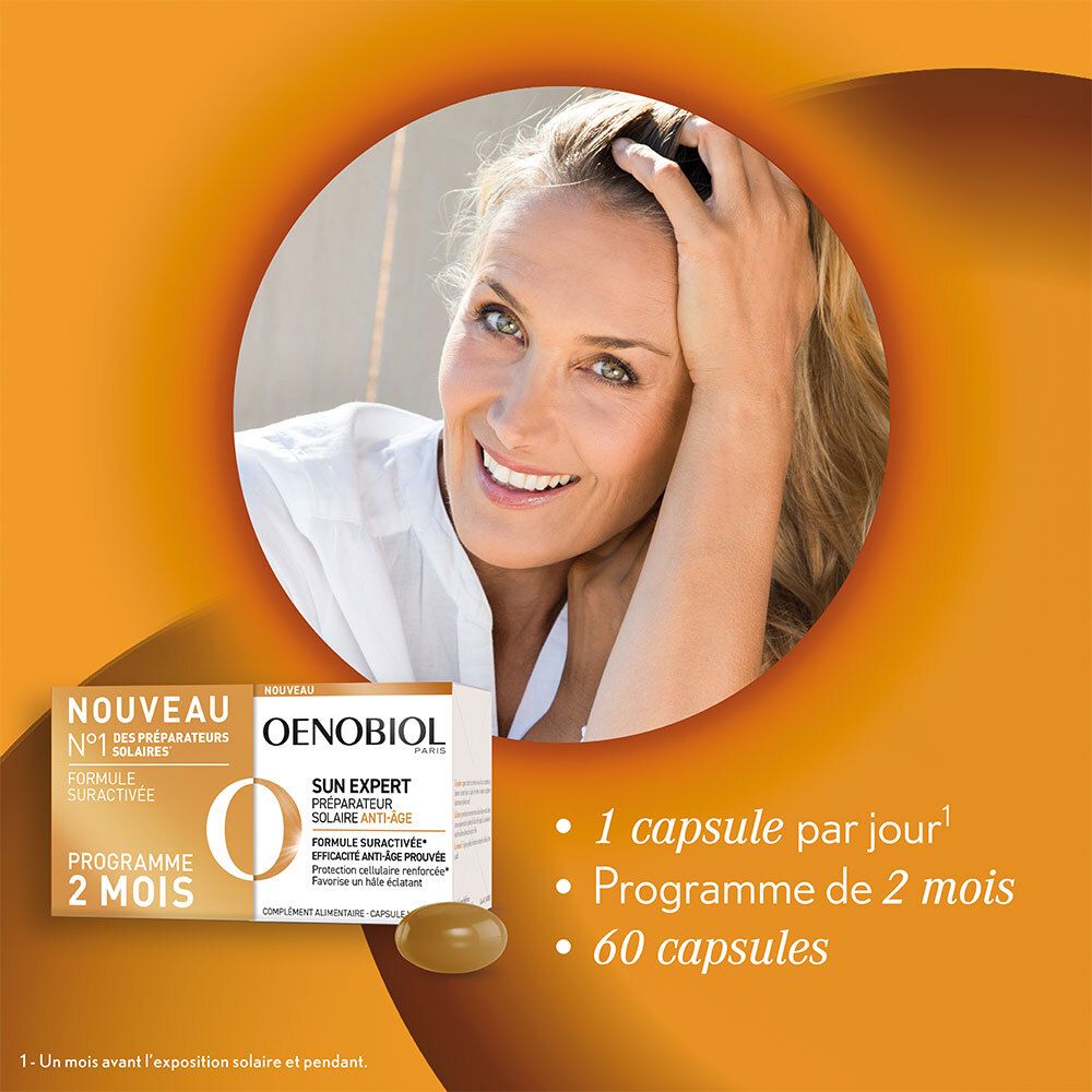 OENOBIOL SUN EXPERT Préparateur Solaire Anti-Âge - Efficacité Anti-Âge prouvée - Protection cellulaire renforcée - Favorise un hâle intense, éclatant - Complément Alimentaire 2x30 capsules - 2 mois