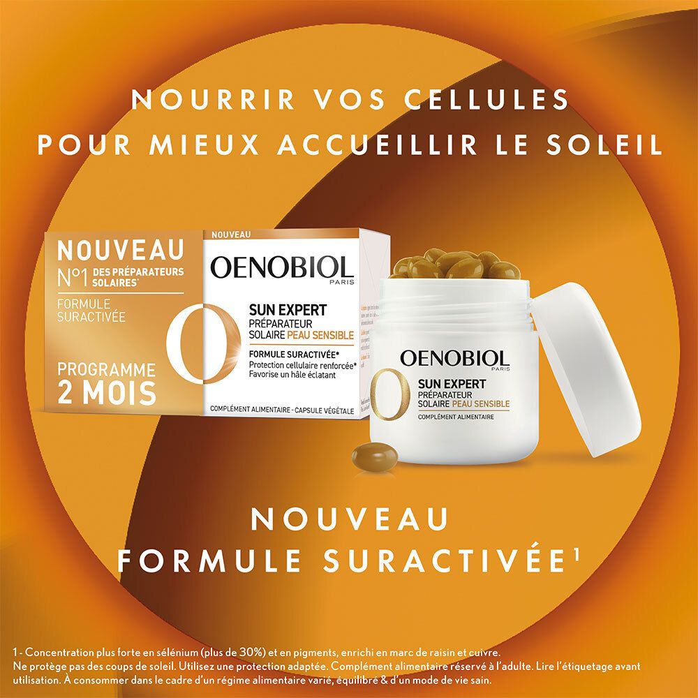 OENOBIOL SUN EXPERT Préparateur Solaire Peau Sensible - Protection cellulaire renforcée - Favorise un hâle intense et éclatant - Complément Alimentaire 2x30 capsules - Programme 2 mois