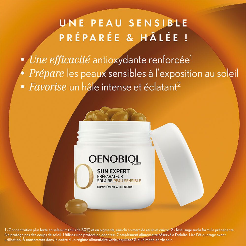 OENOBIOL SUN EXPERT Préparateur Solaire Peau Sensible - Protection cellulaire renforcée - Favorise un hâle intense et éclatant - Complément Alimentaire 2x30 capsules - Programme 2 mois