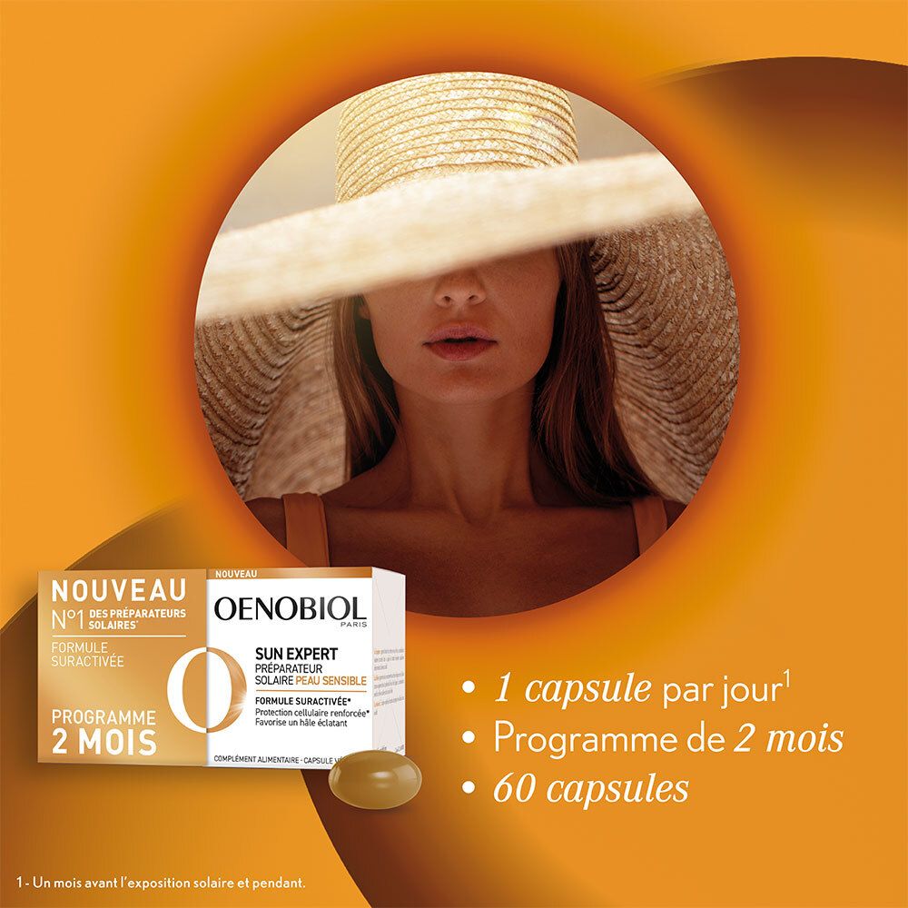 OENOBIOL SUN EXPERT Préparateur Solaire Peau Sensible - Protection cellulaire renforcée - Favorise un hâle intense et éclatant - Complément Alimentaire 2x30 capsules - Programme 2 mois