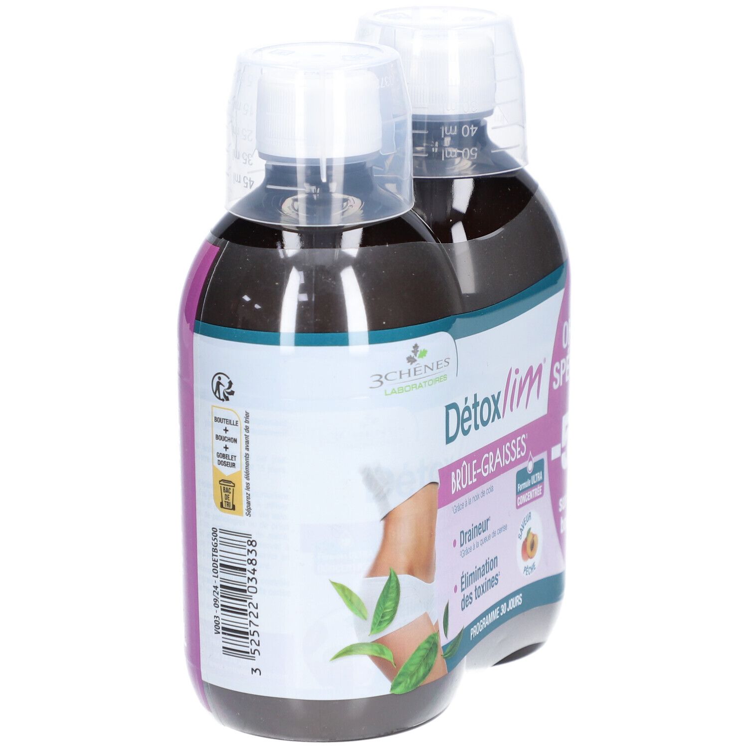 Zwei Flaschen Détoxlim Brûle-Graisses. Aufschrift: 3 CHENES LABORATOIRES. Mit Illustrationen und Text.