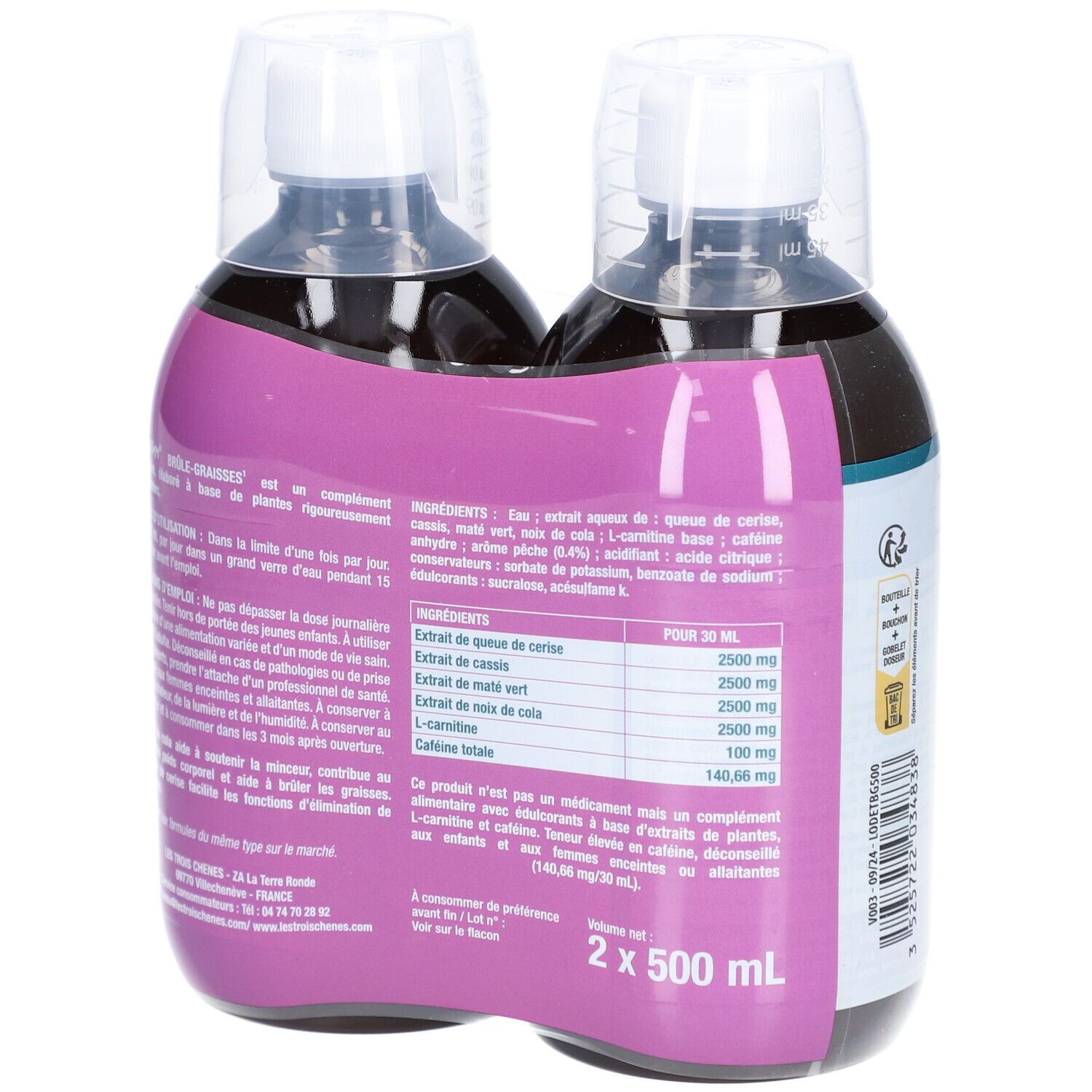 Rückseite der Verpackung mit zwei Flaschen. Enthält Informationen zu Inhaltsstoffen und Nährwerten.