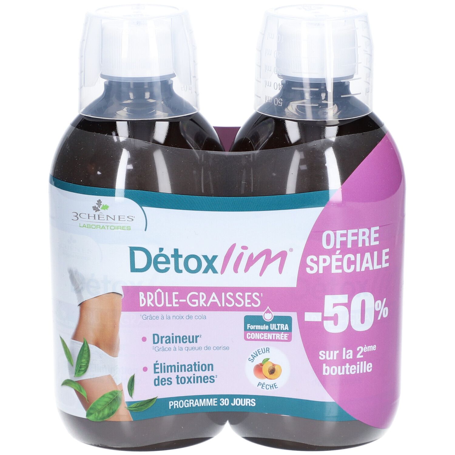 Zwei Flaschen Détoxlim Brûle-Graisses. Aufschrift: 3 CHENES LABORATOIRES. Mit Illustrationen und Text.