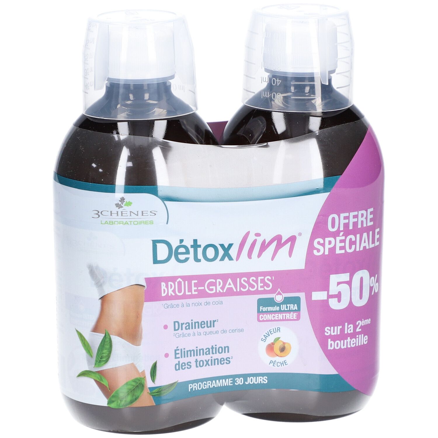 Zwei Flaschen Détoxlim Brûle-Graisses. Aufschrift: 3 CHENES LABORATOIRES. Mit Illustrationen und Text.