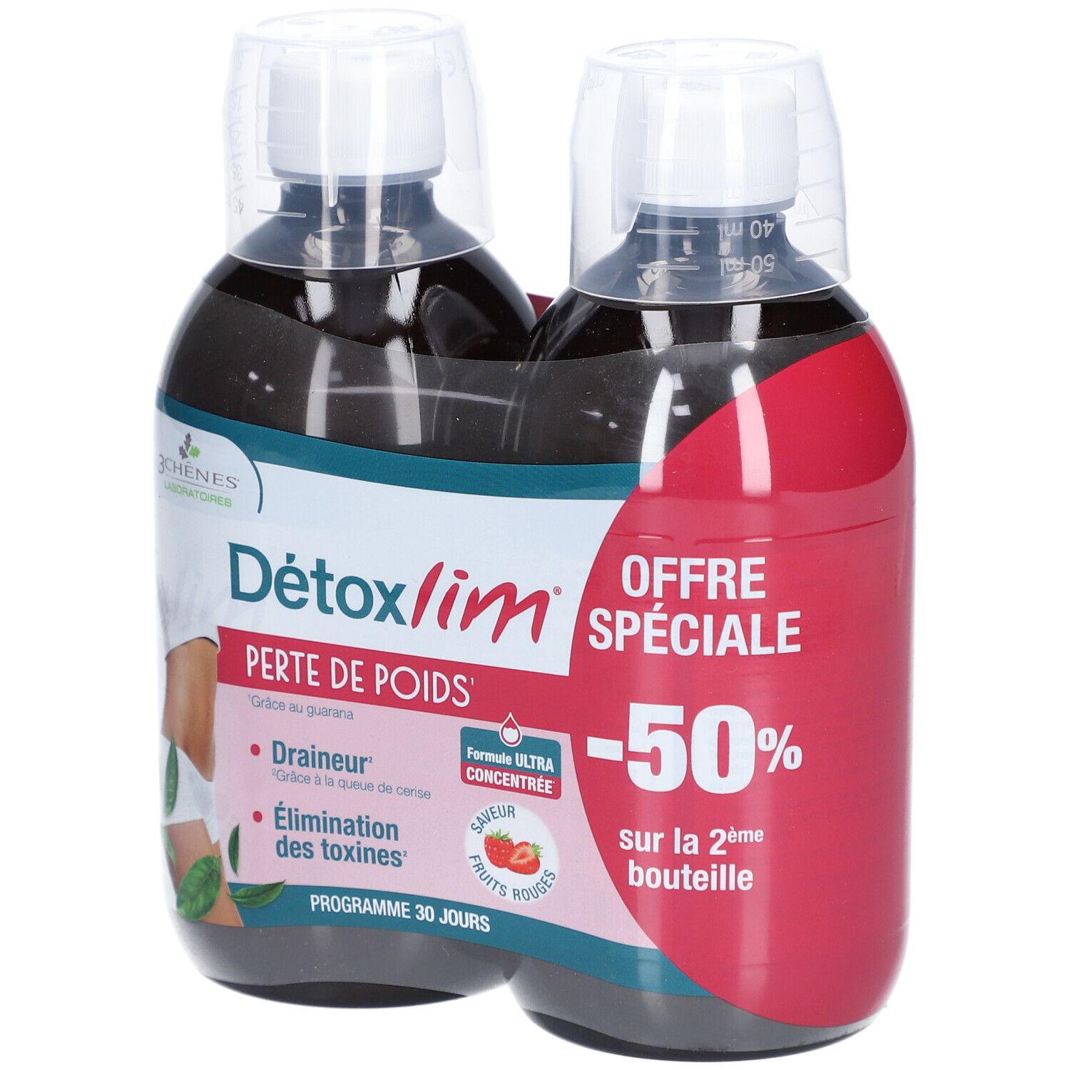 Zwei Flaschen LABORATOIRES 2 CHENES Détoxlim Perte de Poids. Aufdruck: -50% auf der 2. Flasche.