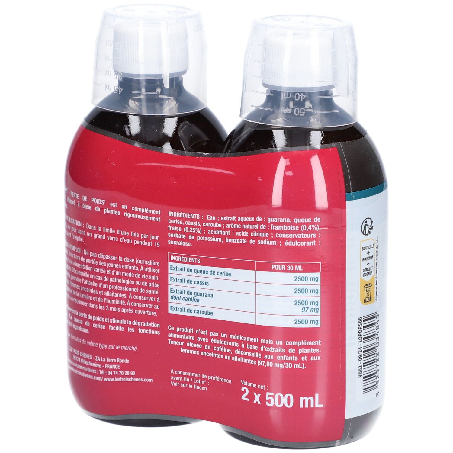 Rückseite von zwei Flaschen Détoxlim Perte de Poids. Text: Inhaltsstoffe, Gebrauchsanweisung, Volumen 2 x 500 ml.