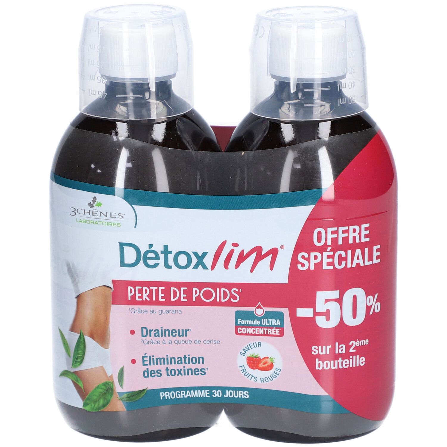 Zwei Flaschen Détoxlim Perte de Poids. Aufdruck: Drainer, Elimination des toxines. 3CHENES Logo. -50% auf der 2. Flasche.