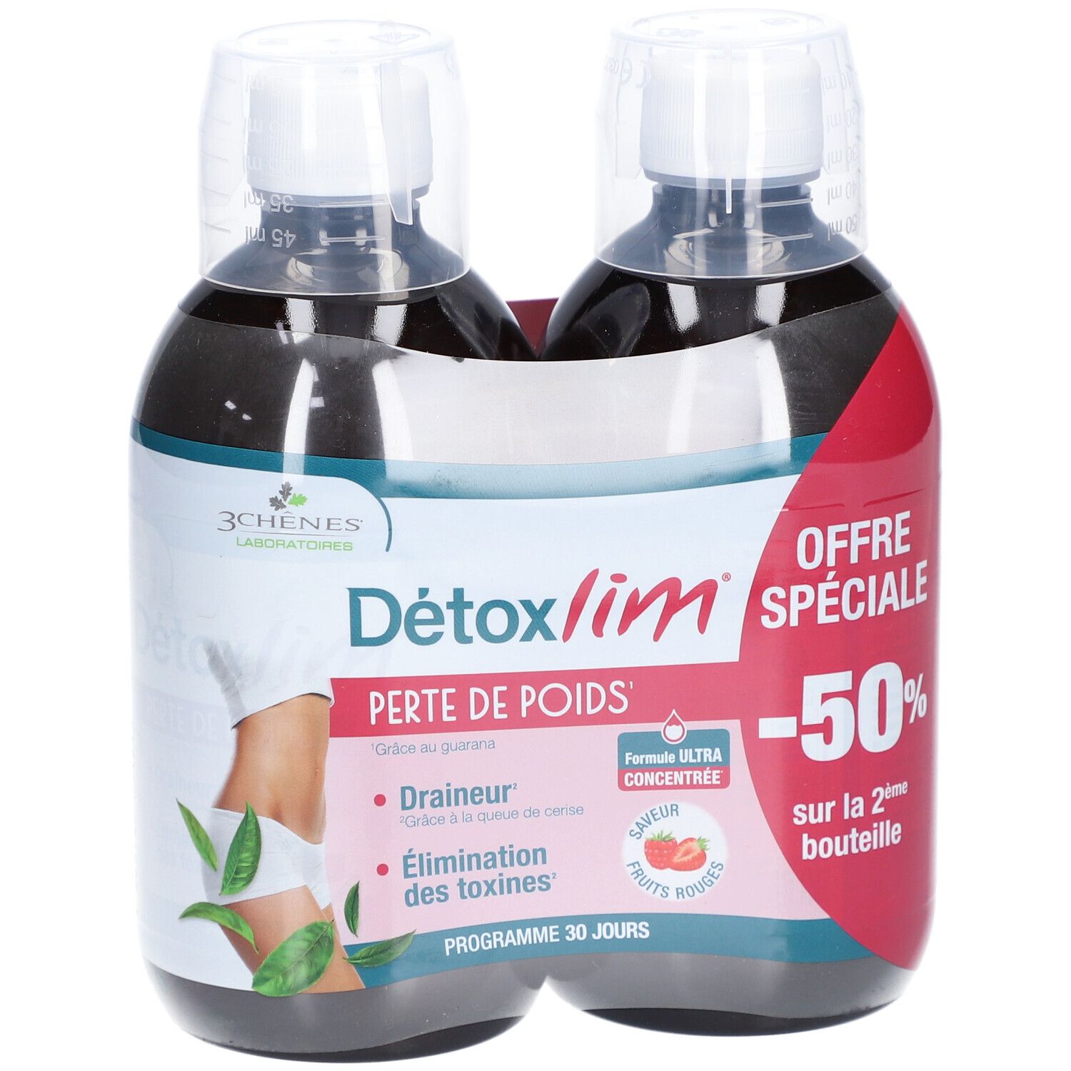 Zwei Flaschen Détoxlim Perte de Poids. Aufdruck: Drainer, Elimination des toxines. 3CHENES Logo. -50% auf der 2. Flasche.