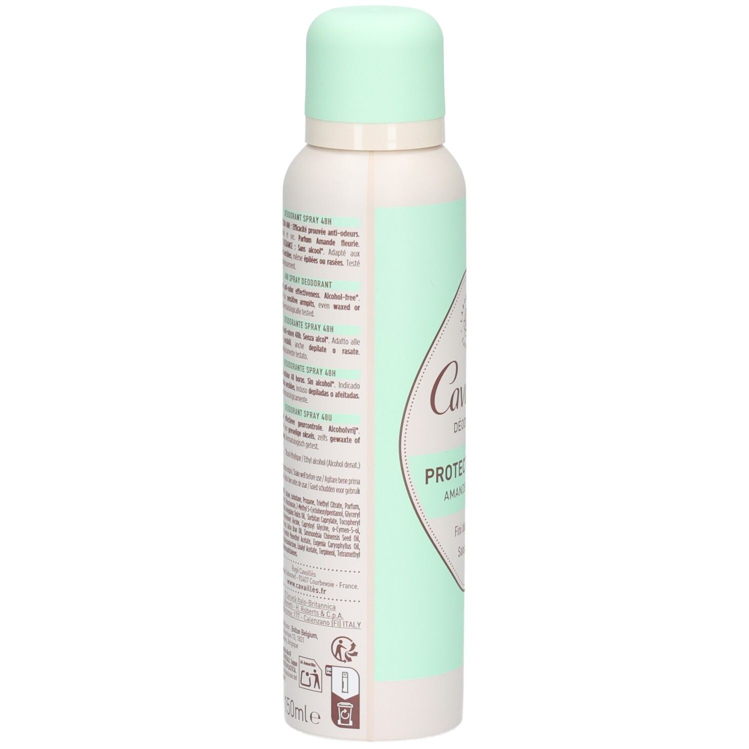 Rogé Cavaillès Deodorant Spray, Rückseite mit Inhaltsstoffen und Anwendungshinweisen.