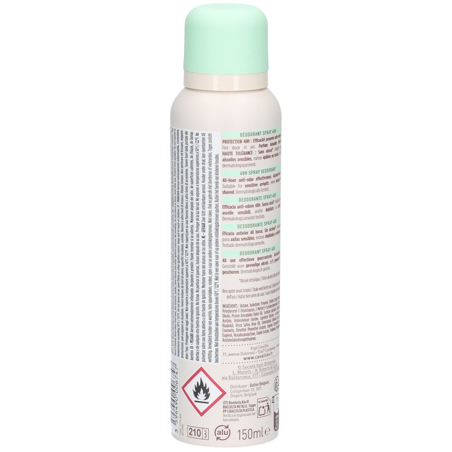 Rogé Cavaillès Deodorant Spray, Rückseite mit Warnhinweisen und 150ml Angabe.