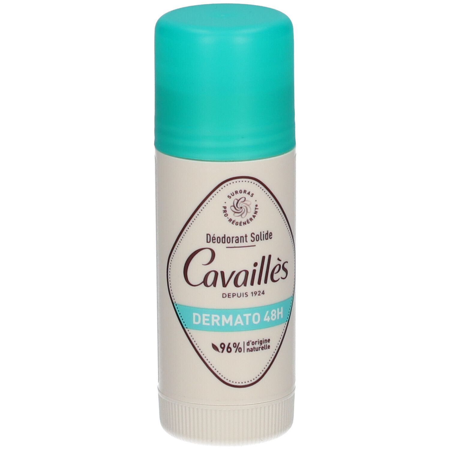 Deo-Stick mit türkisem Deckel. Aufschrift: Cavaillès, Dermato 48H. 96% natürlichen Ursprungs.