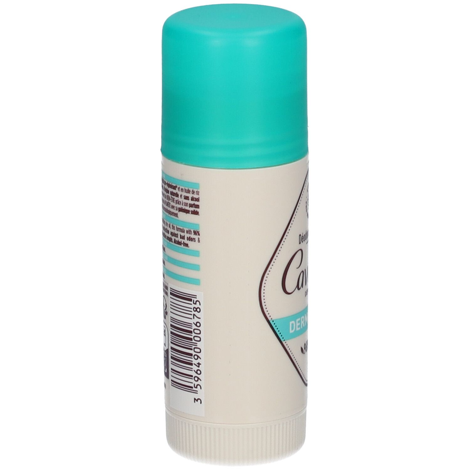 Deo-Stick, Seite mit Text und Barcode. Türkis-weiße Verpackung. Aufschrift: Cavaillès, Dermato 48H.