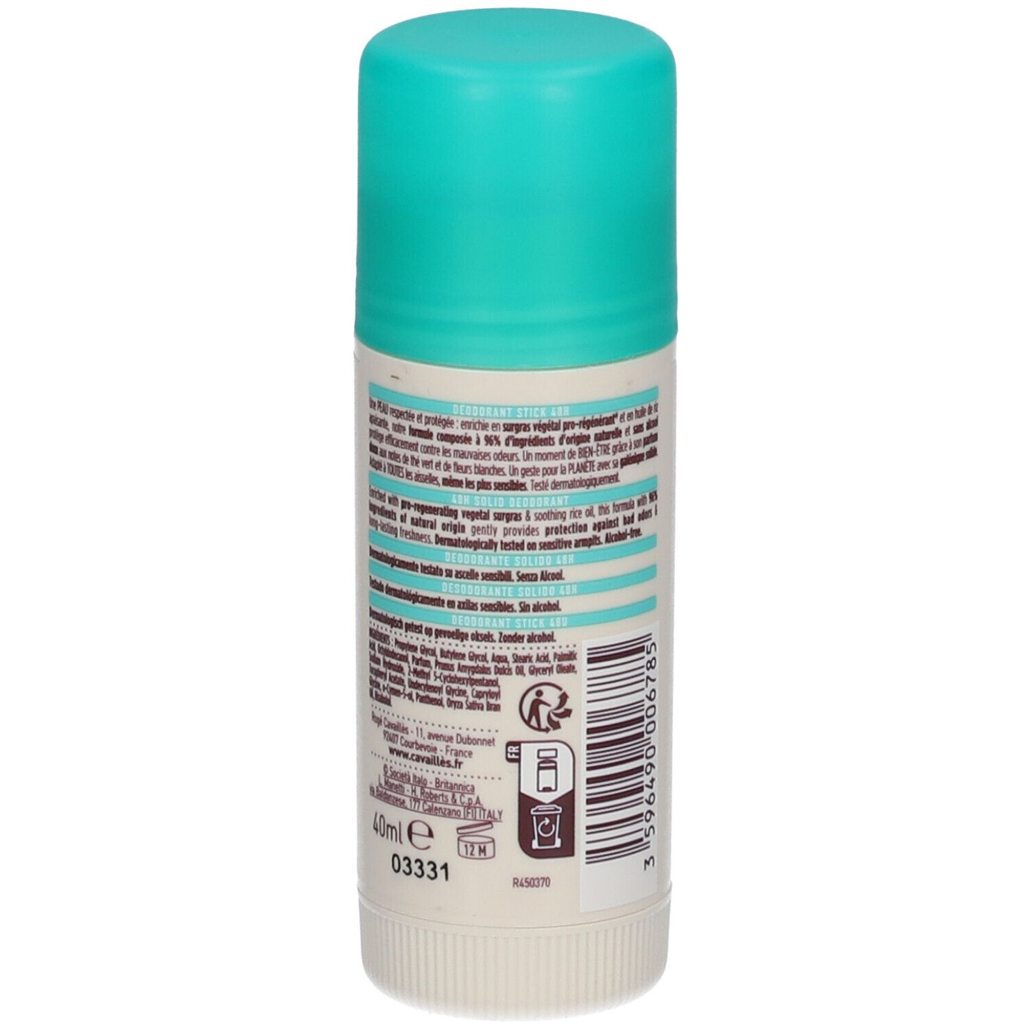 Deo-Stick, Rückseite mit Text. Türkis-weiße Verpackung. Aufschrift: Cavaillès, Dermato 48H.