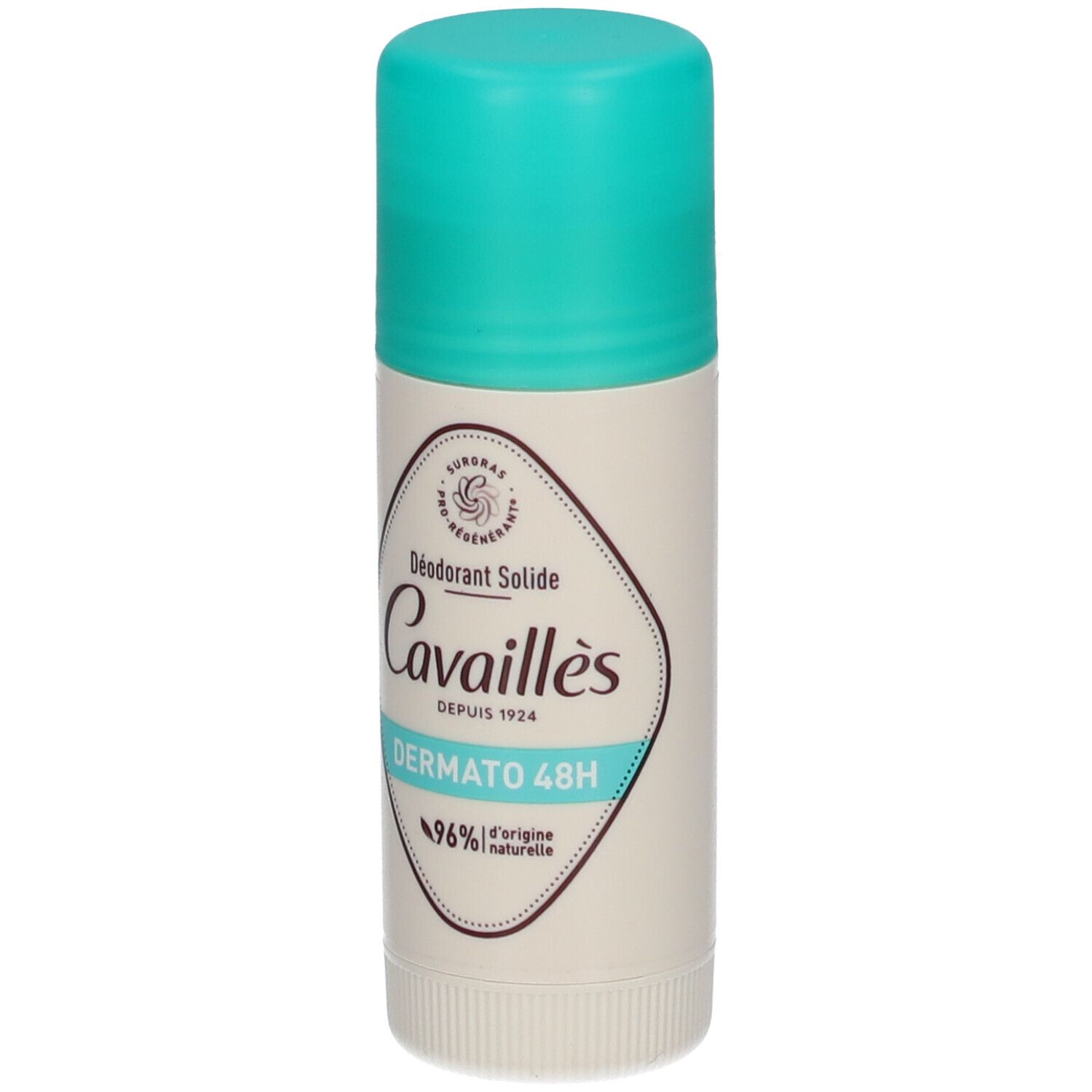 Deo-Stick mit türkisem Deckel. Aufschrift: Cavaillès, Dermato 48H. 96% natürlichen Ursprungs.