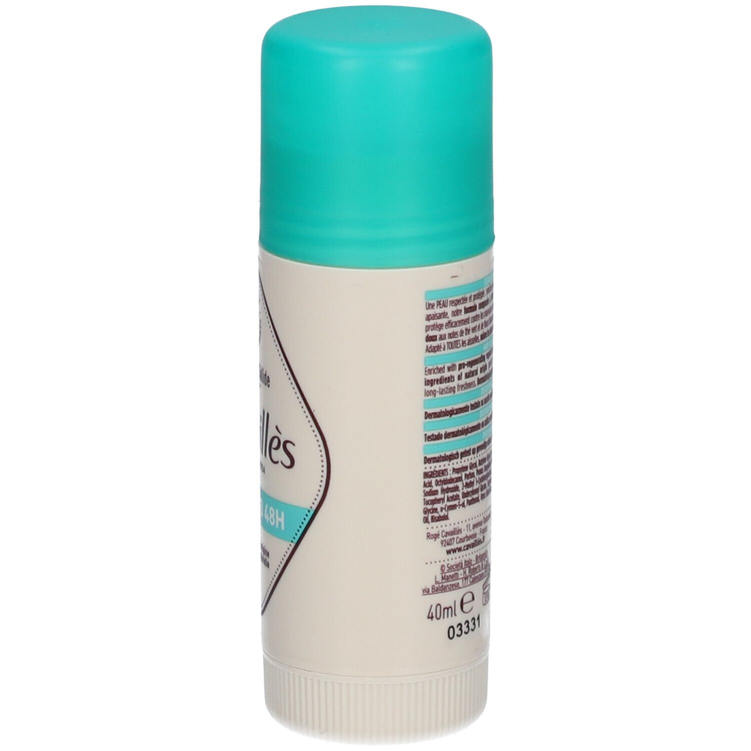 Deo-Stick mit türkisem Deckel. Aufschrift: Cavaillès, Dermato 48H. 96% natürlichen Ursprungs.
