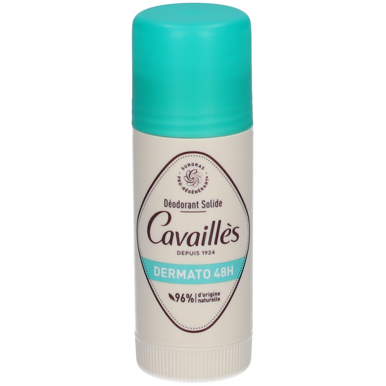 Deo-Stick, Seite mit Text. Türkis-weiße Verpackung. Aufschrift: Cavaillès, Dermato 48H.