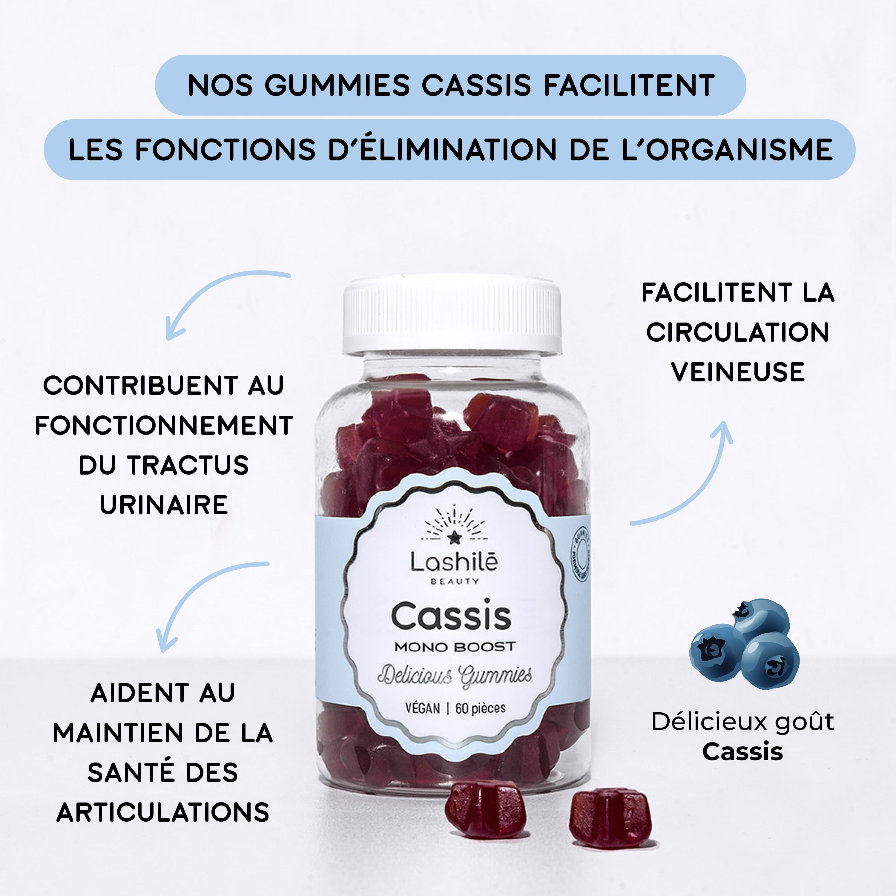 LASHILÉ BEAUTY - Nahrungsergänzungsmittel - Schwarze Johannisbeere - Trägt zur Funktion der Harnwege bei - Kur 1 Monat - 60 Gummies
