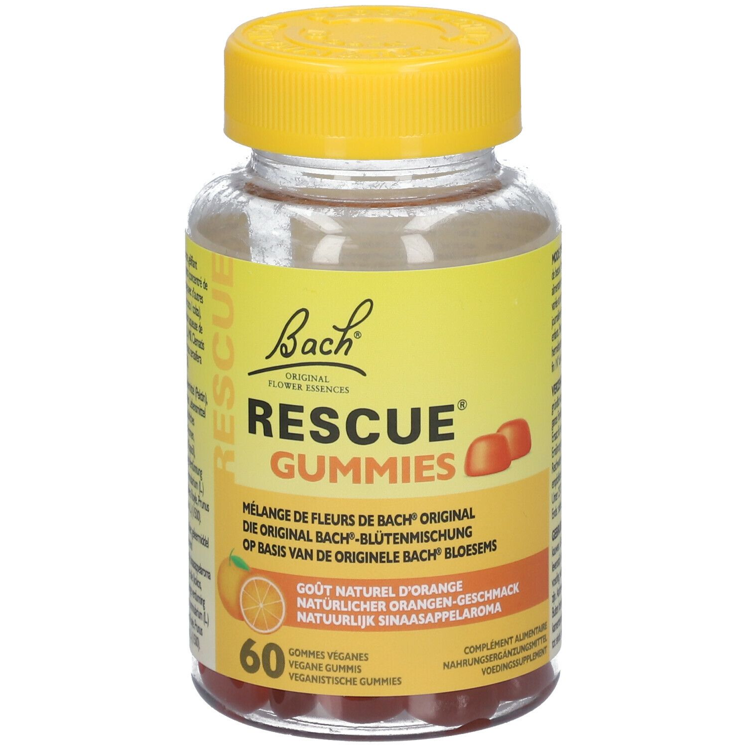 Flacon de gummies Rescue Bach. Bouchon jaune, étiquette jaune avec nom du produit et 60 gummies. Goût orange.