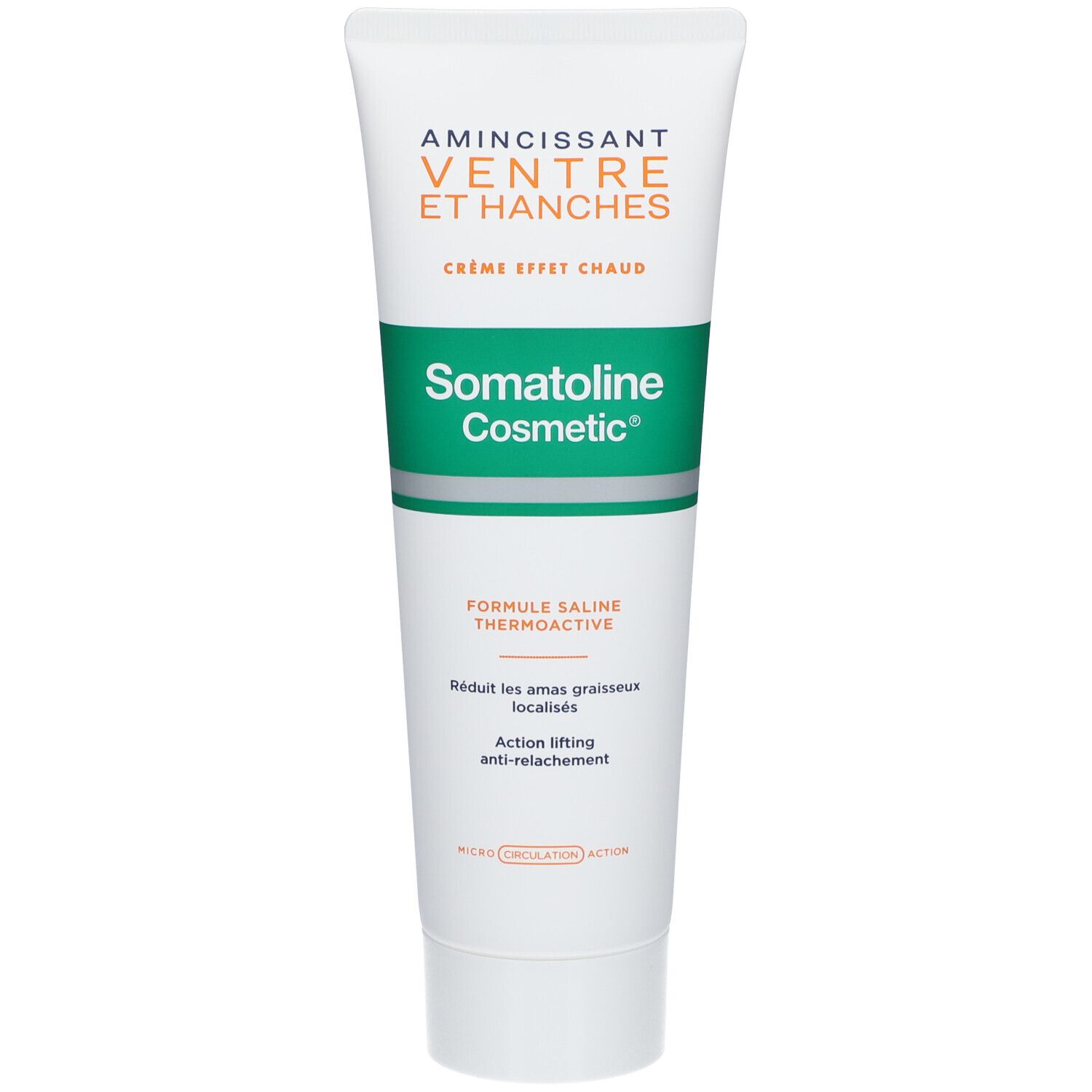 Creme-Tube mit Produktnamen und Aufschrift. Grün-weißes Design. Text: Amincissant Ventre et Hanches, Crème Effet Chaud, Somatoline Cosmetic.