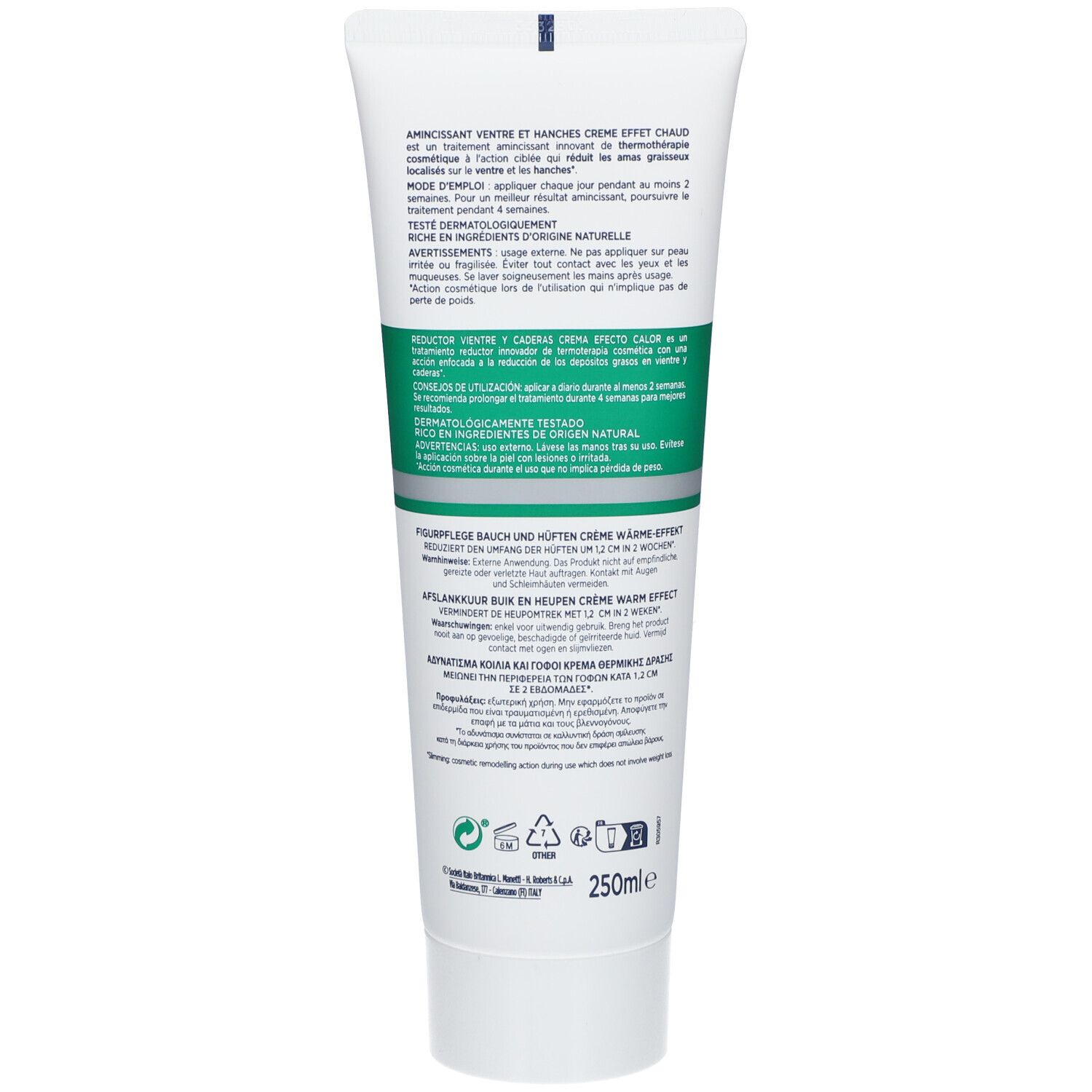 Rückseite der Creme-Tube. Text in mehreren Sprachen. Produktname: Somatoline Cosmetic. Inhaltsangaben und Warnhinweise.