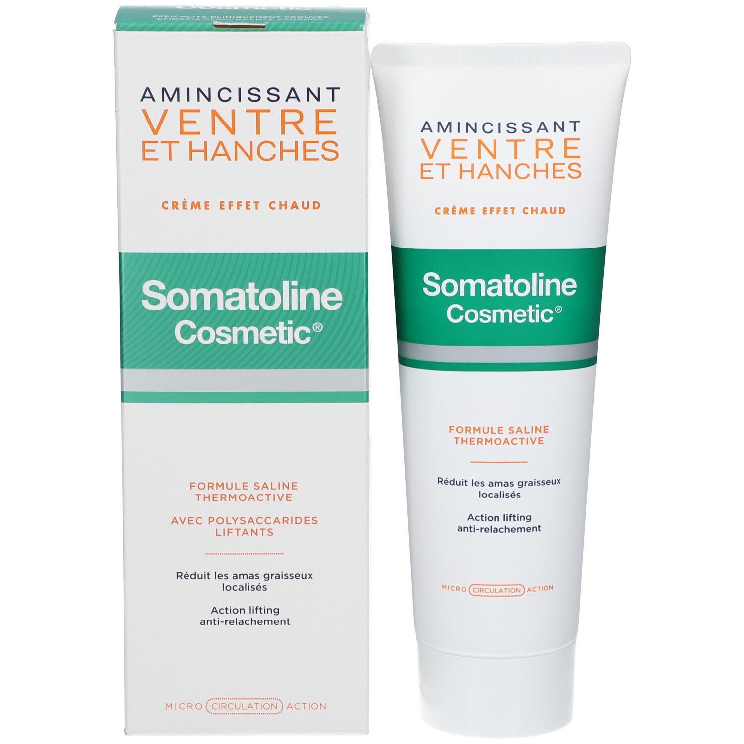 Produkt und Verpackung nebeneinander. Grün-weißes Design. Text: Amincissant Ventre et Hanches, Crème Effet Chaud, Somatoline Cosmetic.