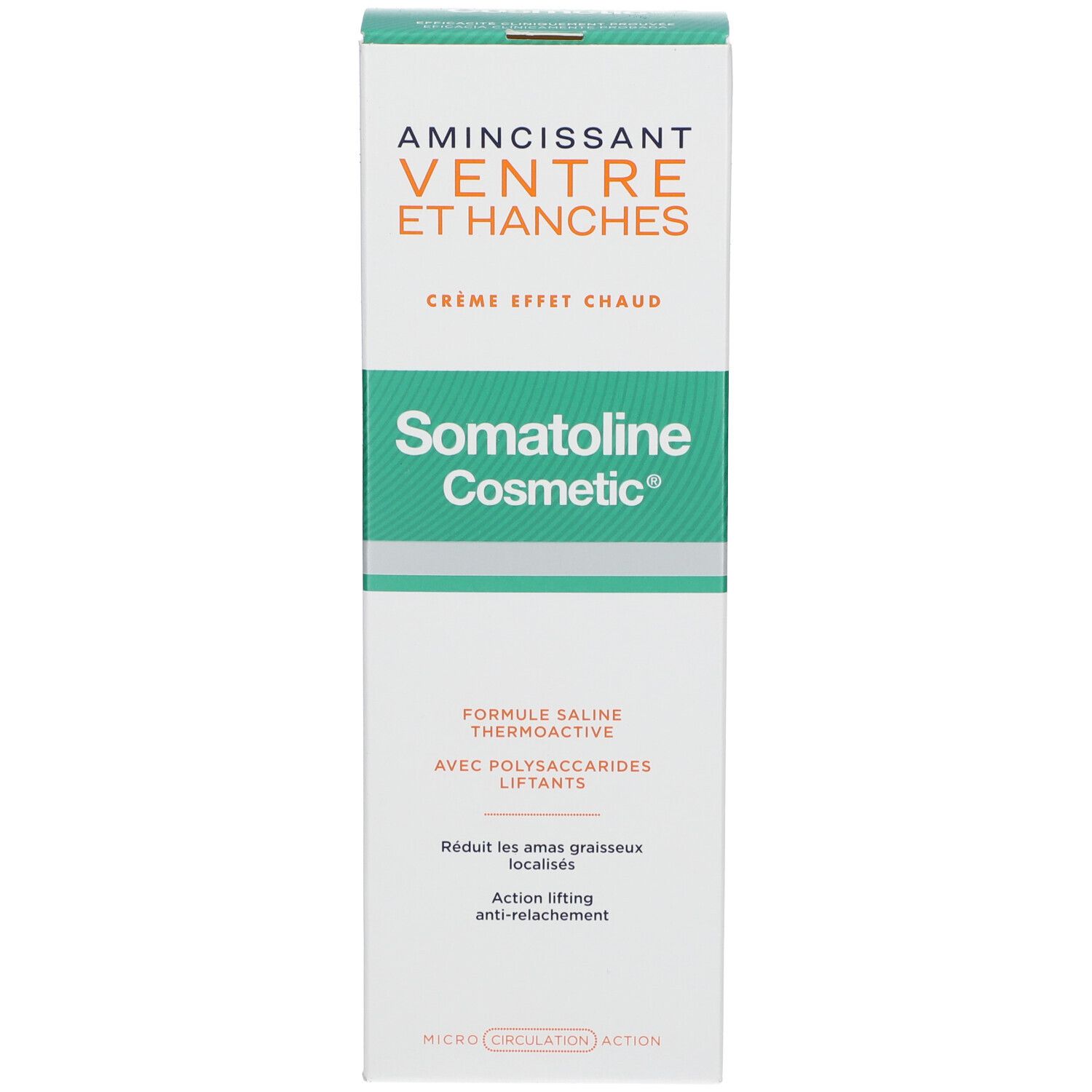 Verpackung mit Produktnamen und Aufschrift. Grün-weißes Design. Text: Amincissant Ventre et Hanches, Crème Effet Chaud, Somatoline Cosmetic.