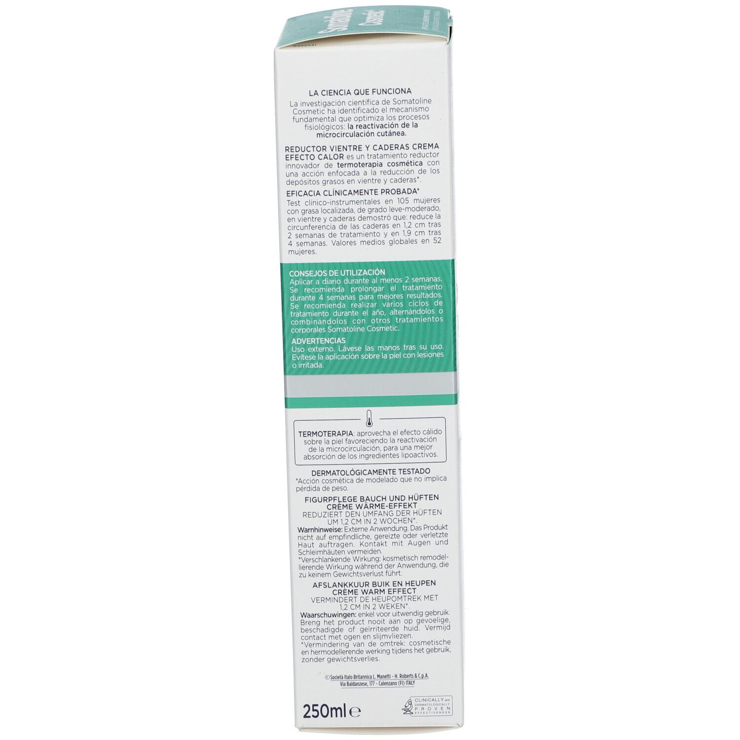 Rückseite der Verpackung. Text in mehreren Sprachen. Produktname: Somatoline Cosmetic. Inhaltsangaben und Warnhinweise.