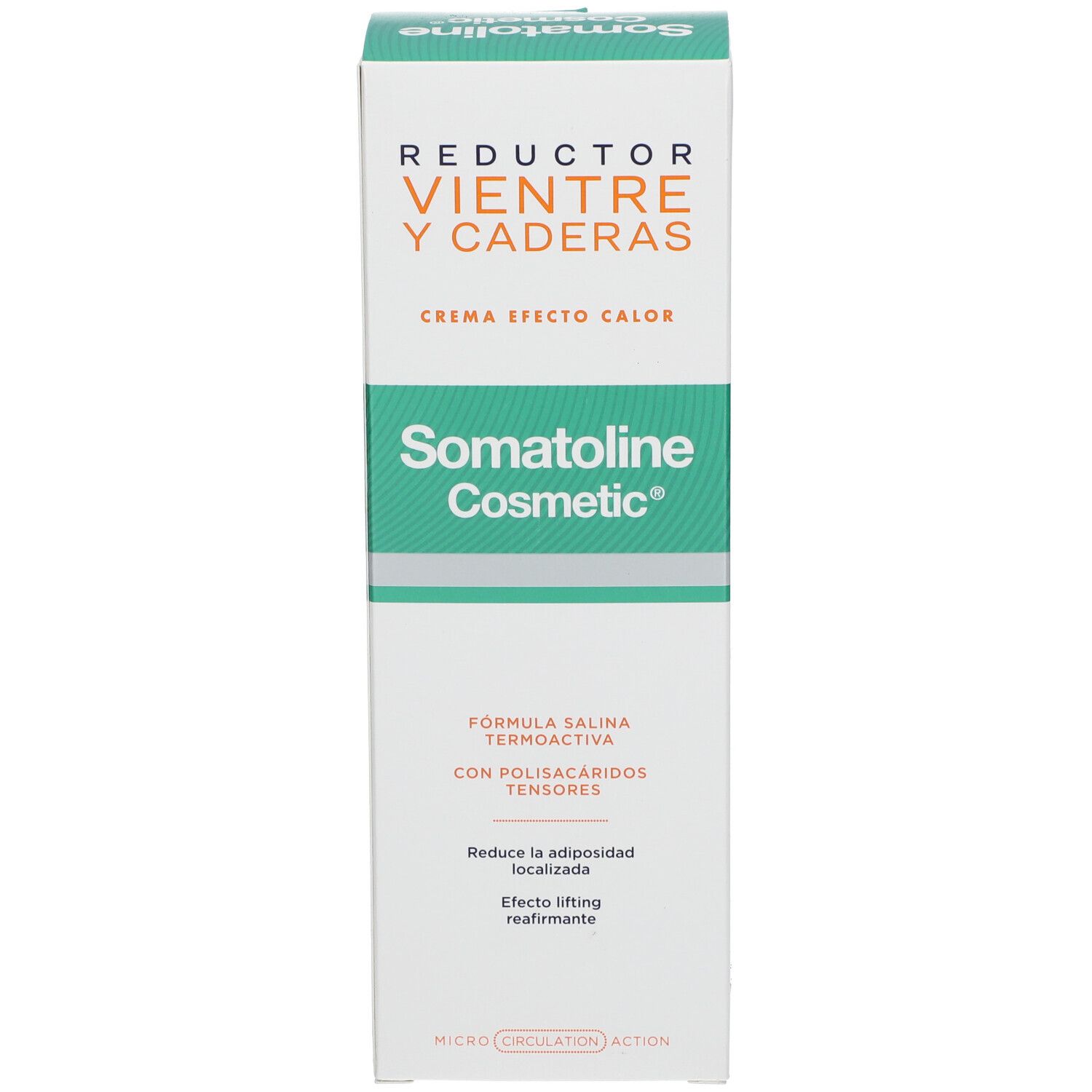 Verpackung mit Produktnamen und Aufschrift. Grün-weißes Design. Text: Reductor Vientre y Caderas, Crema Efecto Calor, Somatoline Cosmetic.