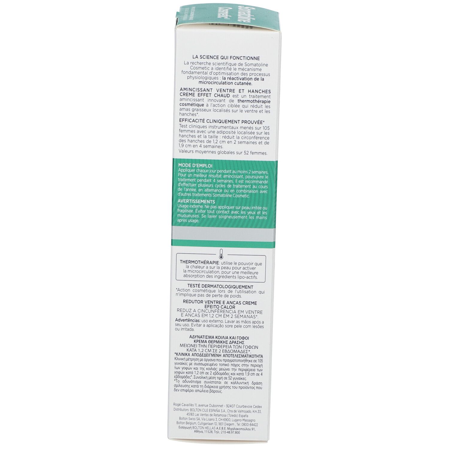 Rückseite der Verpackung. Text in mehreren Sprachen. Produktname: Somatoline Cosmetic. Inhaltsangaben und Warnhinweise.