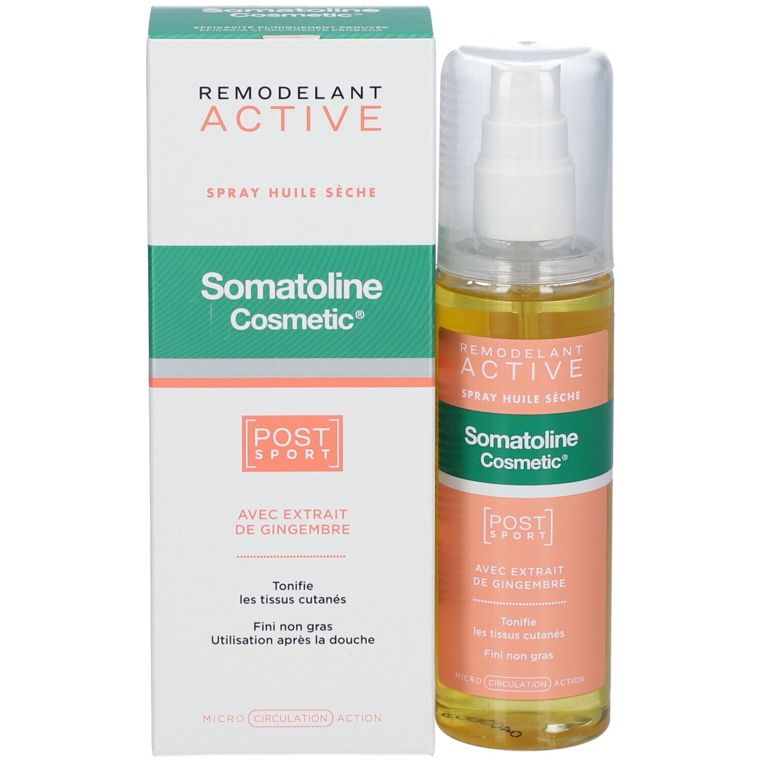 Produktverpackung und Sprayflasche. Verpackung mit Text: Somatoline Cosmetic, Aktiv. Sprayflasche mit gelbem Öl.