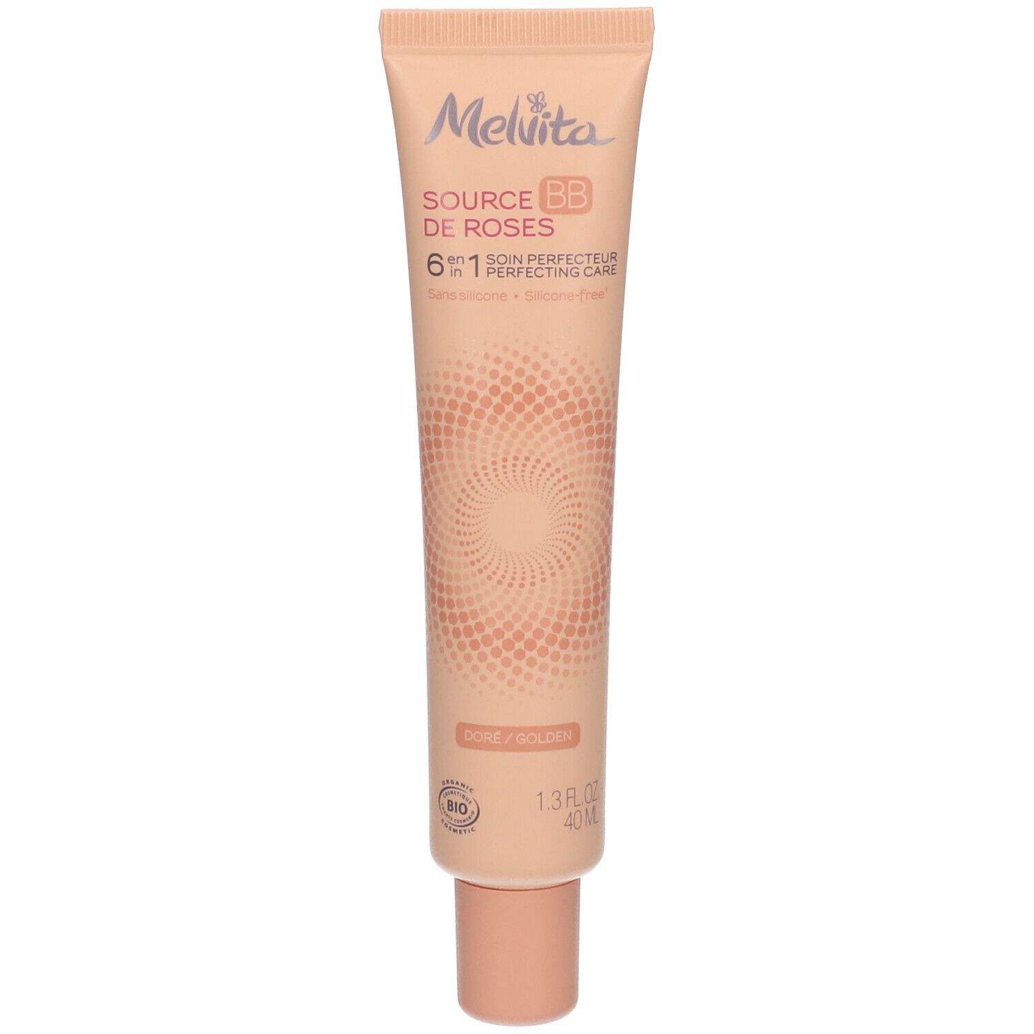 Tube beige Melvita Source de Roses BB. Teinte dorée. Certification Bio. 1.3 fl oz.