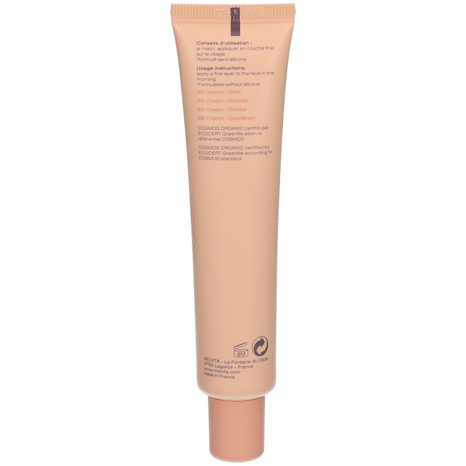 Dos du tube. Texte: conseils d'utilisation, BB Cream, ingrédients, certification COSMOS ORGANIC.